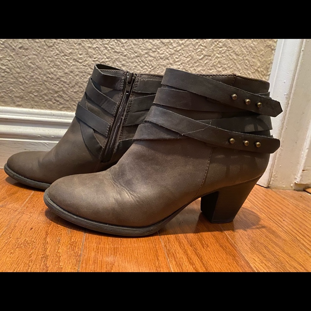 Brown, studied belted, Booties